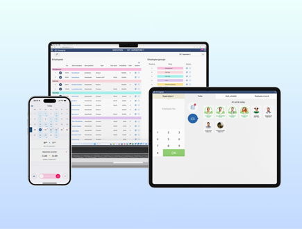 Unified workforce management platform displayed on mobile, tablet and desktop with scheduling, staffing overview and time tracking