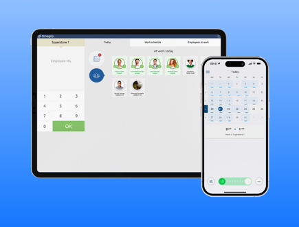Digital workforce management platform displayed on tablet and smartphone with scheduling, employee overview and time tracking in one system